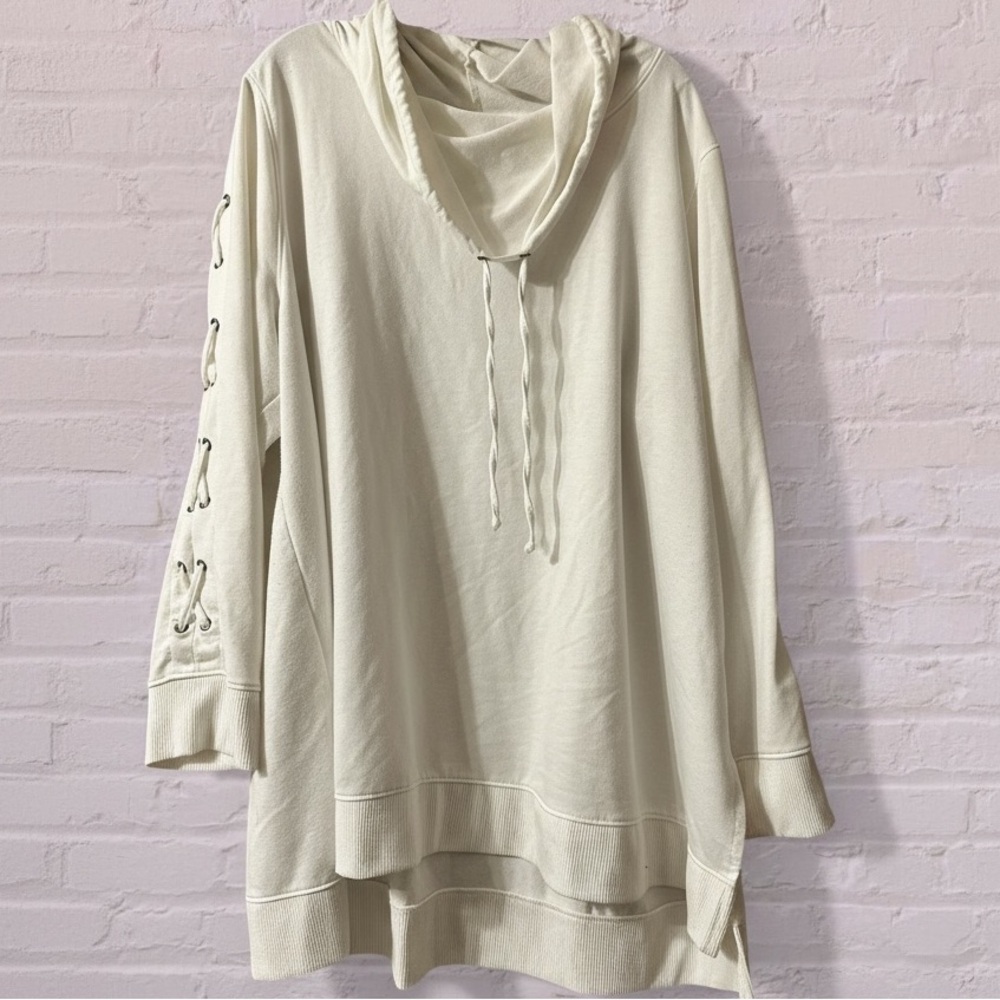 Cream Lace-Up Sleeve Cowl Neck Pullover Sweatshirt